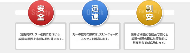 [安全]定期的にリフト点検にお伺いし、故障の原因を未然に取り除きます。 [迅速]万一の故障の際には、スピーディーにスタッフを派遣します。※ご契約のユーザー様には365日24時間の故障・修理に対応いたします [割安]保守点検契約を結んで頂くと故障・修理の際にも優先的に割安料金で対応致します。