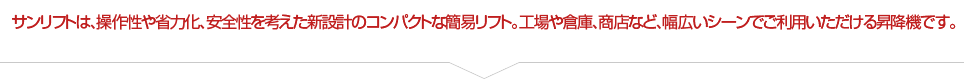 サンリフトは、操作性や省力化、安全性を考えた新設計のコンパクトな簡易リフト。工場や倉庫、商店など、幅広いシーンでご利用いただける昇降機です。