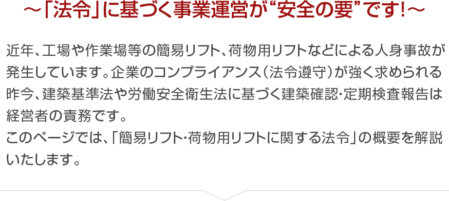 ～「法令」に基づく事業運営が“安全の要”です！～近年、工場や作業場等の簡易リフト、荷物用リフトなどによる人身事故が発生しています。企業のコンプライアンス（法令遵守）が強く求められる昨今、建築基準法や労働安全衛生法に基づく建築確認・定期検査報告は経営者の責務です。このページでは、「簡易リフト・荷物用リフトに関する法令」の概要を解説いたします。