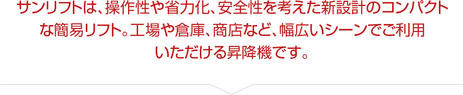 サンリフトは、操作性や省力化、安全性を考えた新設計のコンパクトな簡易リフト。工場や倉庫、商店など、幅広いシーンでご利用いただける昇降機です。